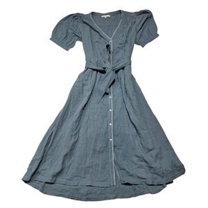 Baybala Women Dress L Blue Cotton Button Front Puff Sleeve Midi Tie Cottagecore